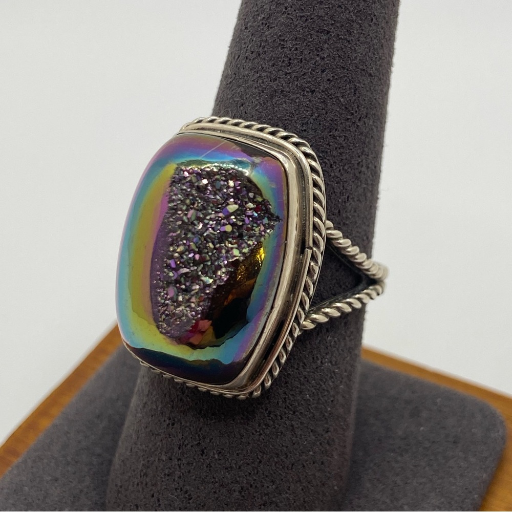 Sterling Silver Peacock Drusy Quartz Ring With Braided Band • size 8
